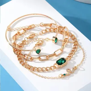 4pcs Green Gemstone Snake Bracelet Set